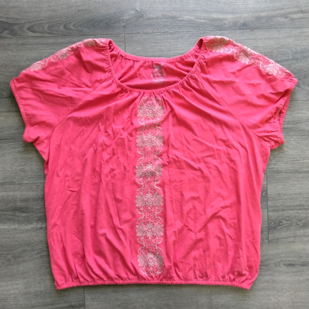 Faded Glory Embroidered Coral Top Blouse Women's Size 3X (22W-24W) Short Sleeves